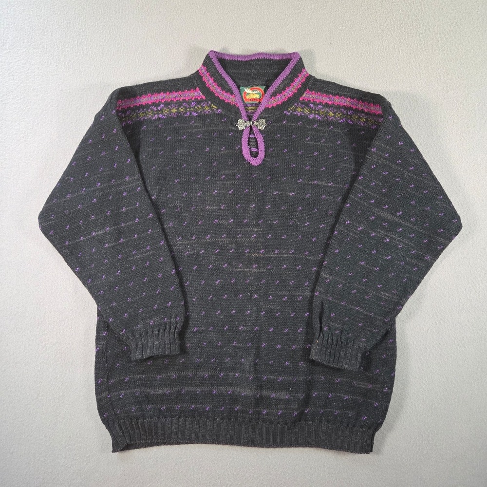 Vintage Alps Nordic Sweater Womens Large Black Wool Birdseye Latch Fair Isle